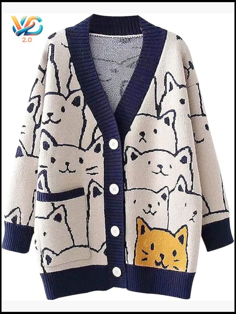 Oversized Cat Print V Neck Button Down Cardigan Knit Sweater